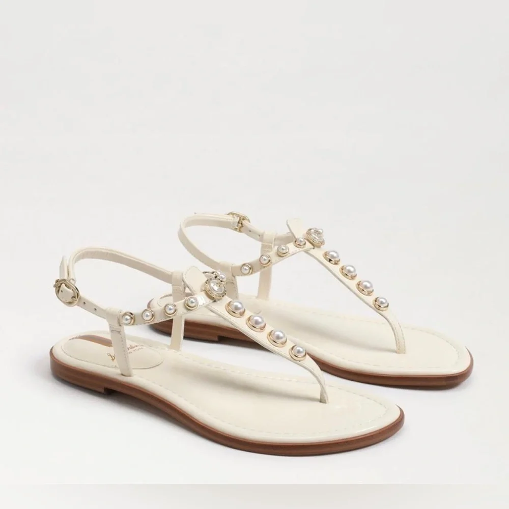 Sam Edelman Gigi Patent Pearl Embellished Thong T- Strap Sandals - NWT - Picture 2 of 11